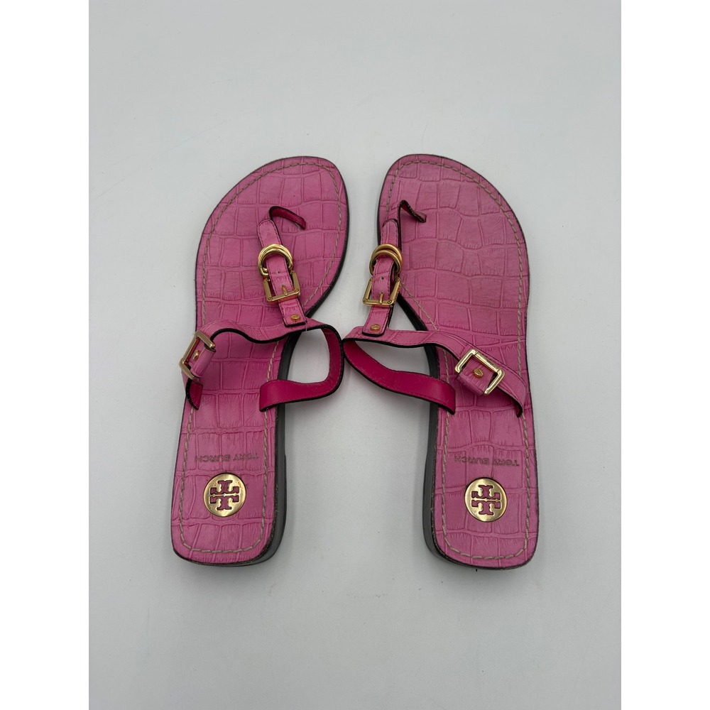 Tory Burch Pink Croc Embossed Leather Miller Wedge Thong Sandals Womens 9M